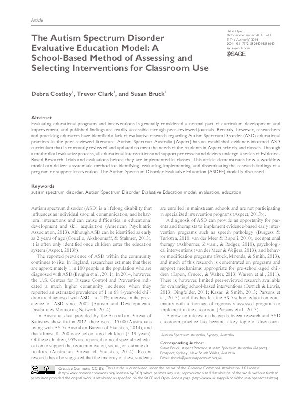 The Autism Spectrum Disorder Evaluative Education Model: a school-based method of assessing and selecting interventions for classroom use Thumbnail