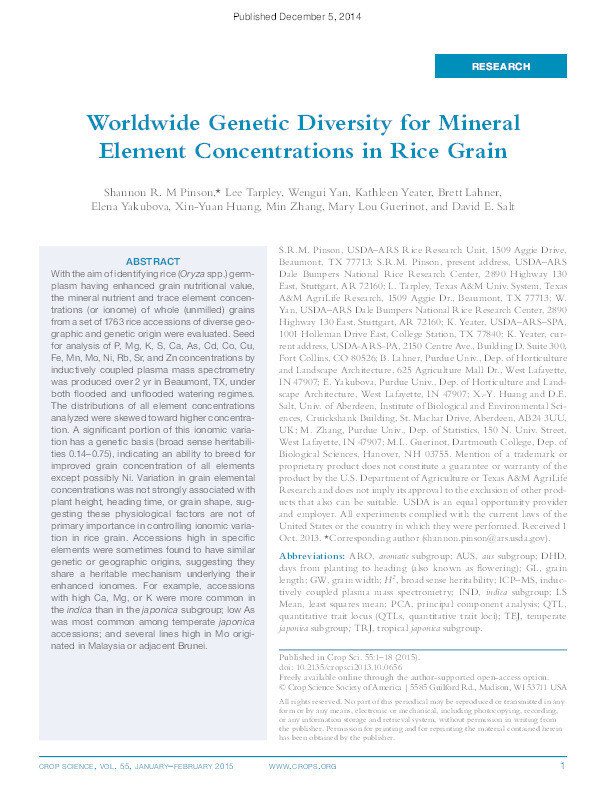 Worldwide genetic diversity for mineral element concentrations in rice grain Thumbnail