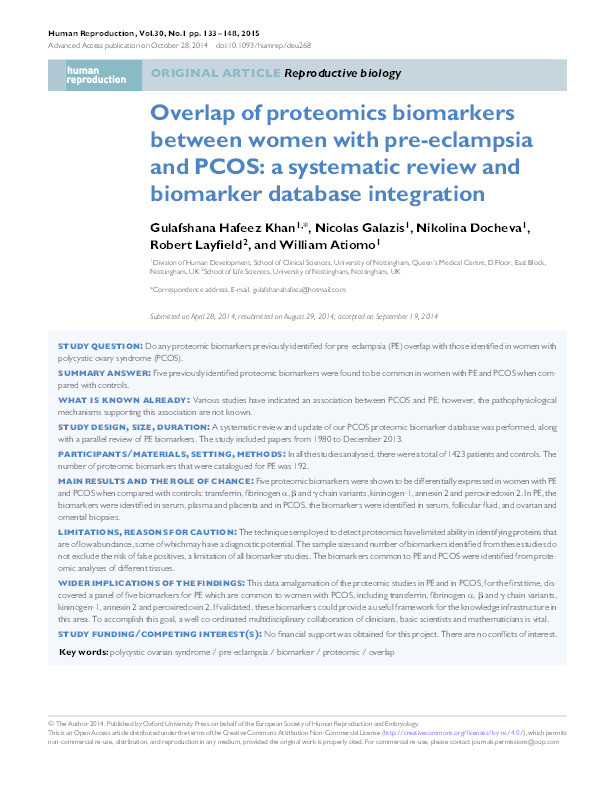 Overlap of proteomics biomarkers between women with pre-eclampsia and PCOS: a systematic review and biomarker database integration Thumbnail