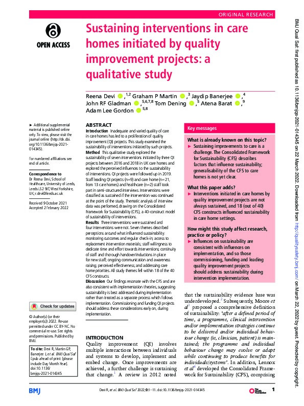 Sustaining interventions in care homes initiated by quality improvement projects: a qualitative study Thumbnail