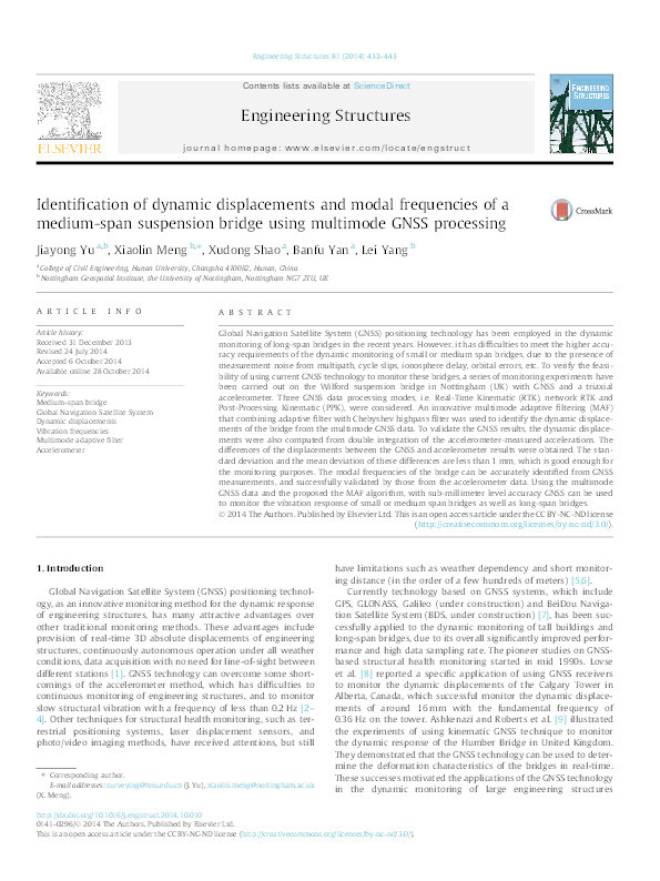 Identification of dynamic displacements and modal frequencies of amedium-span suspension bridge using multimode GNSS processing Thumbnail