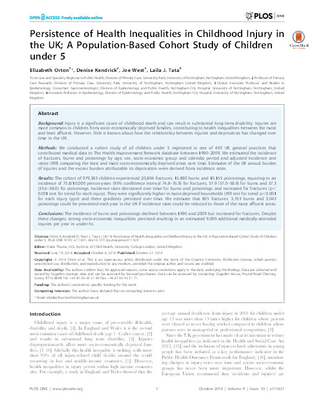 Persistence of health inequalities in childhood injury in the UK: a population-based cohort study of children under 5 Thumbnail