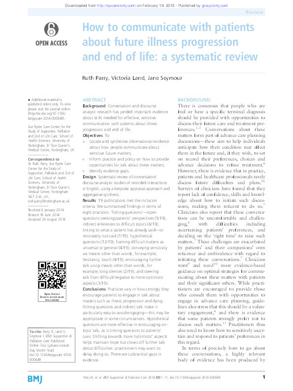 How to communicate with patients about future illness progression and end of life: a systematic review Thumbnail