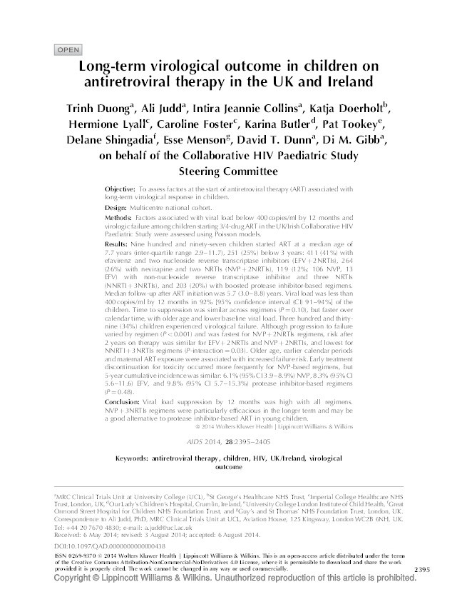 Long-term virological outcome in children on antiretroviral therapy in the UK and Ireland Thumbnail