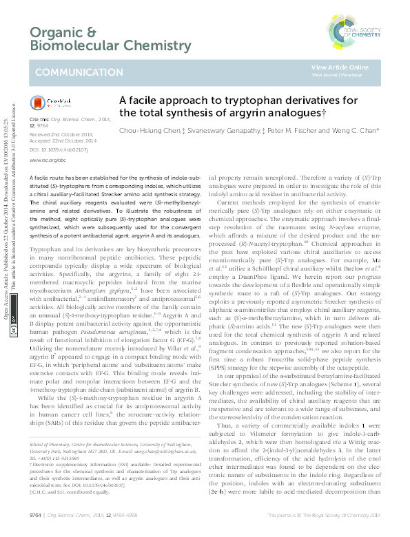 A facile approach to tryptophan derivatives for the total synthesis of argyrin analogues Thumbnail