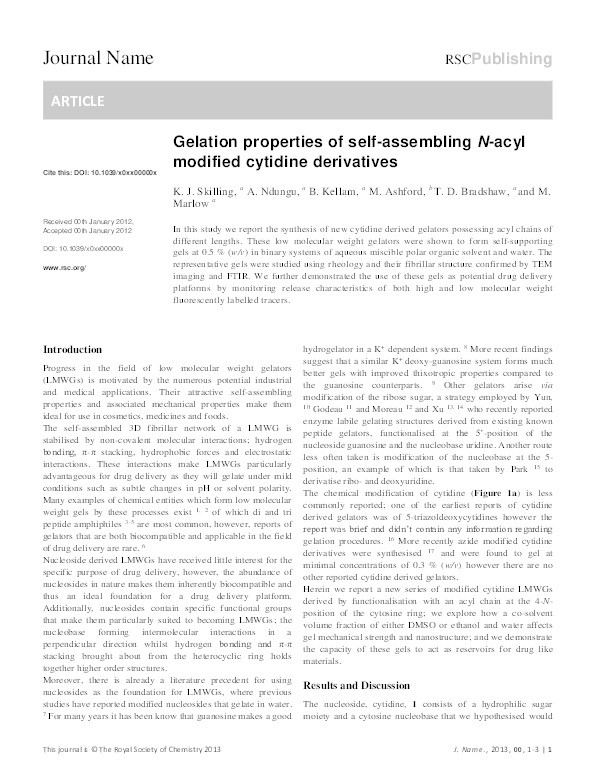 Gelation properties of self-assembling N-acyl modified cytidine derivatives Thumbnail