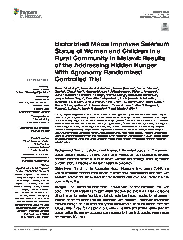 Biofortified Maize Improves Selenium Status of Women and Children in a Rural Community in Malawi: Results of the Addressing Hidden Hunger With Agronomy Randomized Controlled Trial Thumbnail