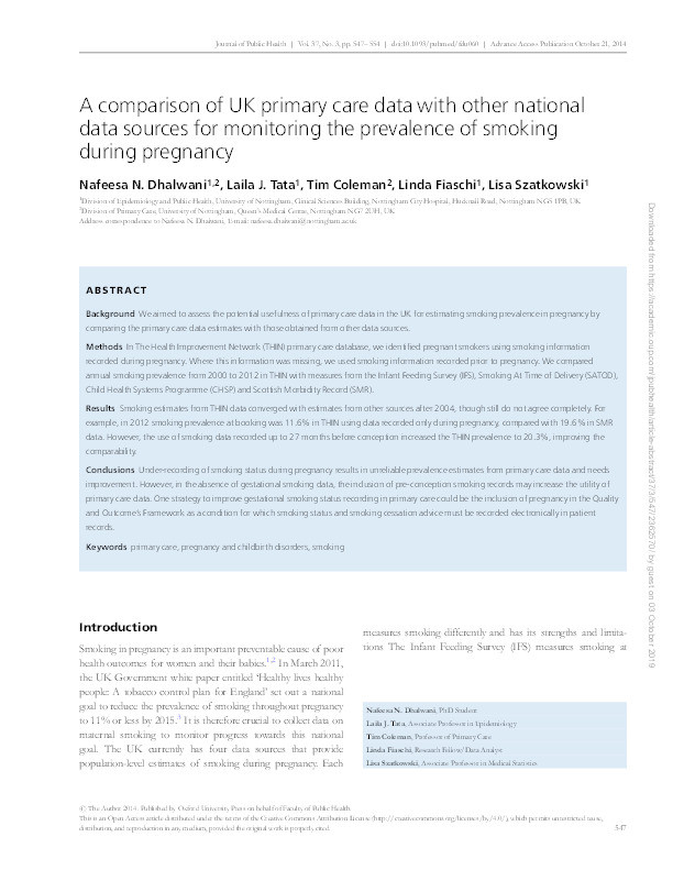 A comparison of UK primary care data with other national data sources for monitoring the prevalence of smoking during pregnancy Thumbnail