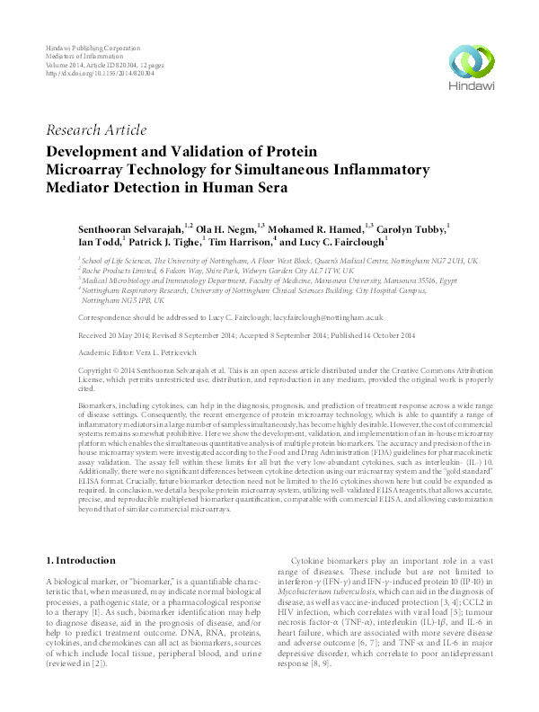 Development and validation of protein microarray technology for simultaneous inflammatory mediator detection in human sera Thumbnail