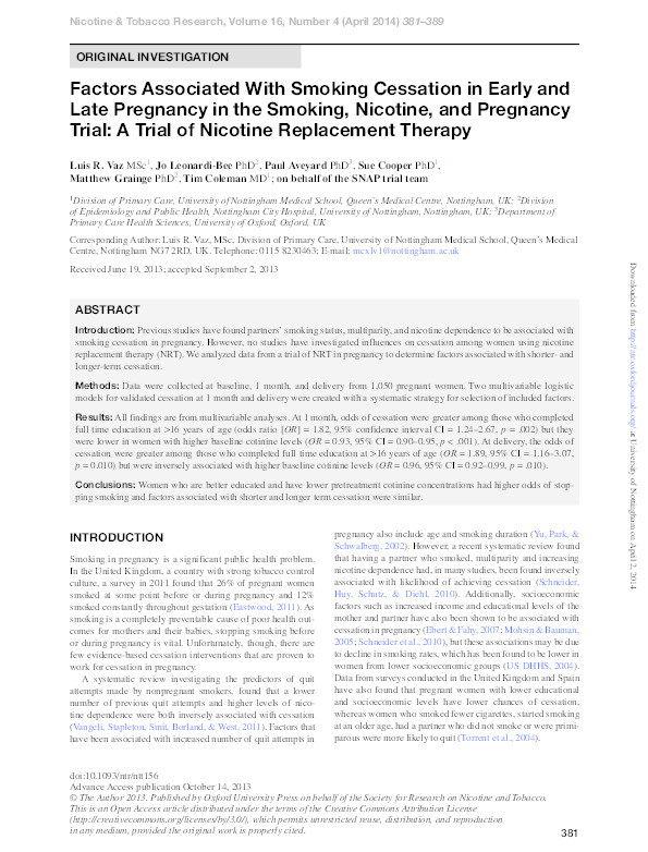 Factors Associated With Smoking Cessation in Early and Late Pregnancy in the Smoking, Nicotine, and Pregnancy Trial: A Trial of Nicotine Replacement Therapy Thumbnail