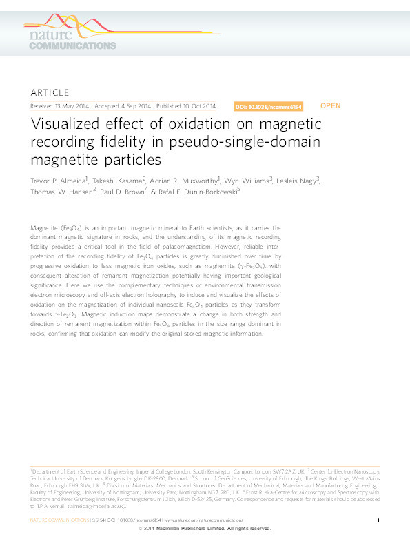 Visualized effect of oxidation on magnetic recording fidelity in pseudo-single-domain magnetite particles Thumbnail