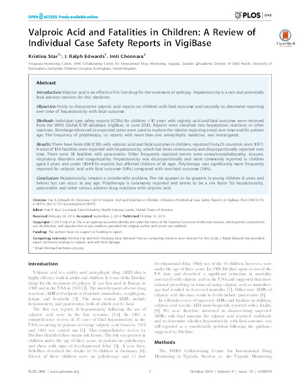 Valproic acid and fatalities in children: a review of individual case safety reports in VigiBase Thumbnail