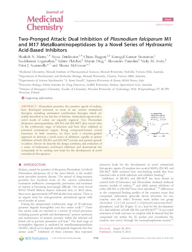 Two-pronged attack: dual inhibition of Plasmodium falciparum M1 and M17 metalloaminopeptidases by a novel series of hydroxamic acid-based inhibitors Thumbnail