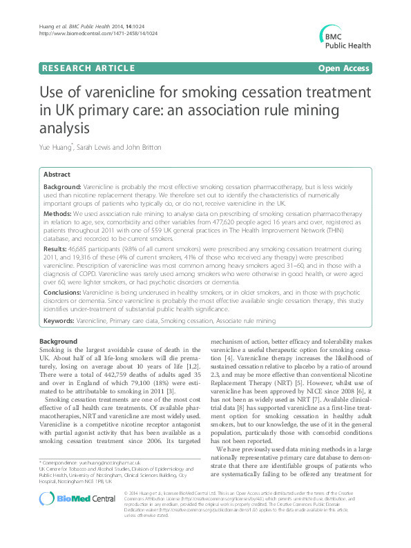 Use of varenicline for smoking cessation treatment in UK primary care: an association rule mining analysis Thumbnail