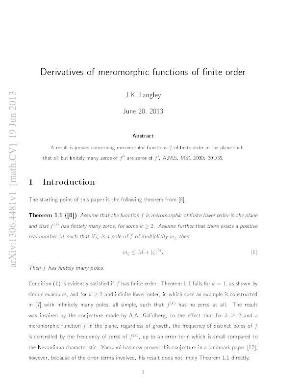 Derivatives of meromorphic functions of finite order Thumbnail