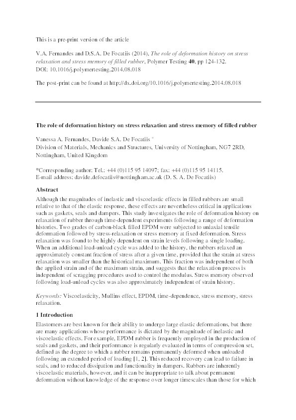 The role of deformation history on stress relaxation and stress memory of filled rubber Thumbnail