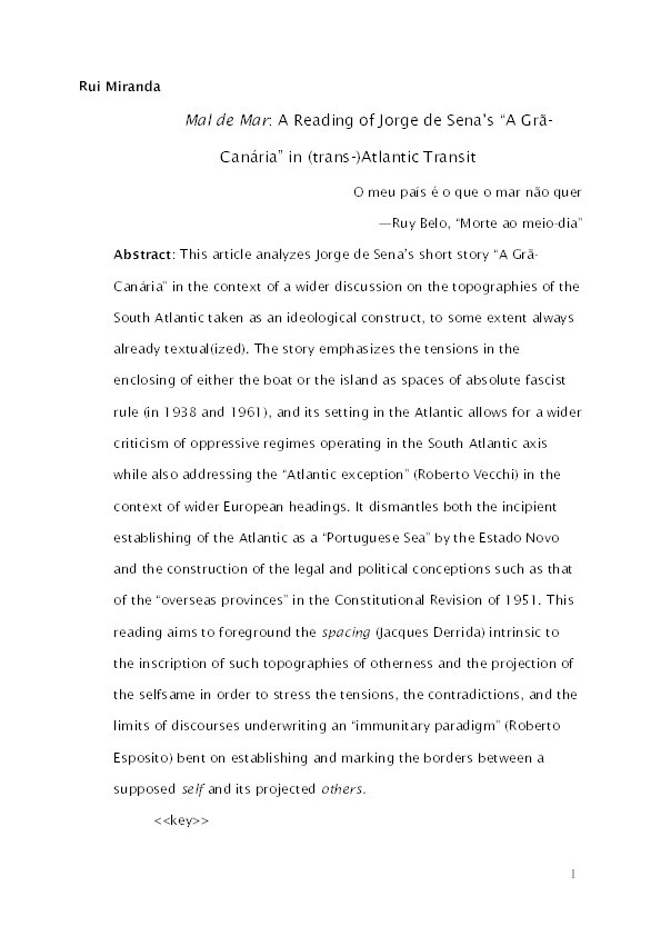 Mal de Mar: a reading of Jorge de Sena’s “A Grã-Canária” in (trans-) Atlantic transit Thumbnail