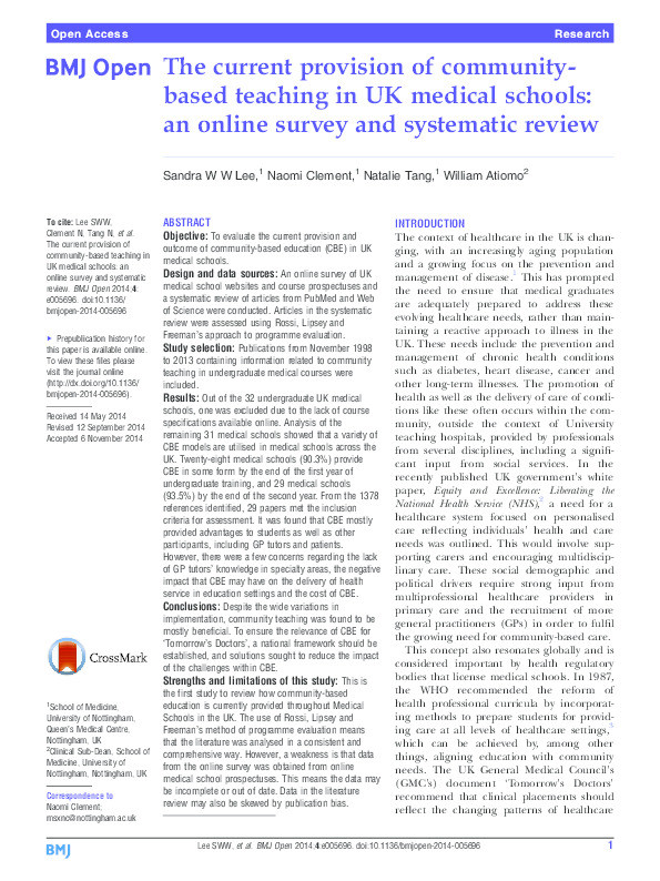 The current provision of community-based teaching in UK medical schools: an online survey and systematic review Thumbnail
