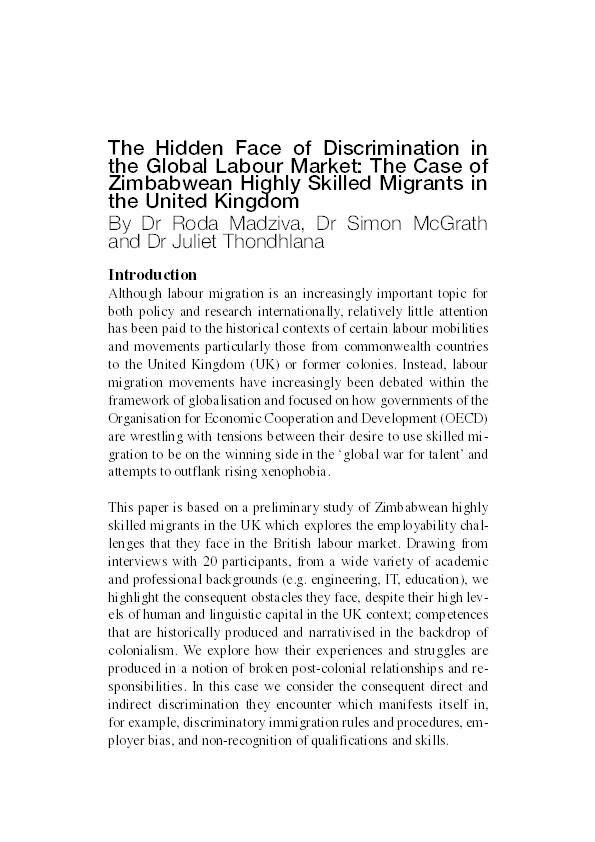 The hidden face of discrimination in the global labour market: the case of Zimbabwean highly skilled migrants in the UK Thumbnail