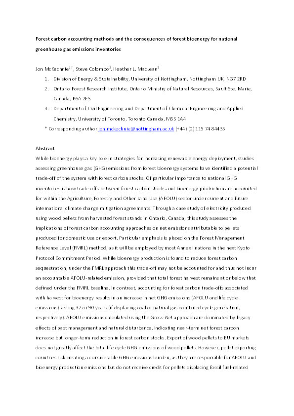 Forest carbon accounting methods and the consequences of forest bioenergy for national greenhouse gas emissions inventories Thumbnail