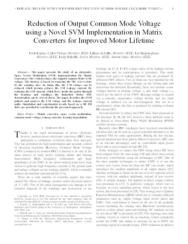 Reduction of output common mode voltage using a novel SVM implementation in matrix converters for improved motor lifetime Thumbnail