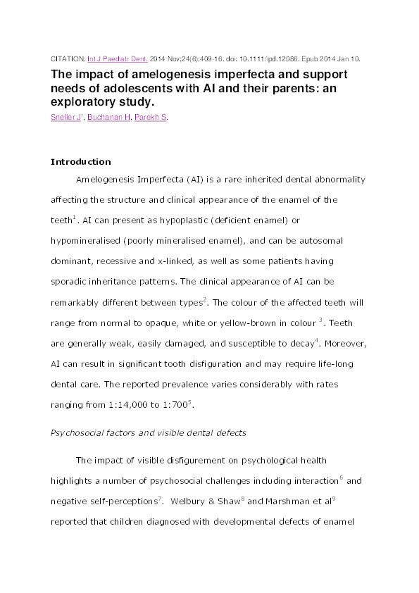 The impact of amelogenesis imperfecta and support needs of adolescents with AI and their parents: an exploratory study Thumbnail