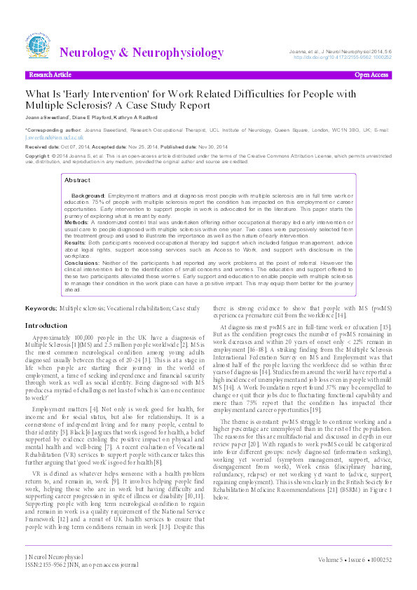 What is 'Early intervention' for work related difficulties for people with multiple sclerosis?: a case study report Thumbnail
