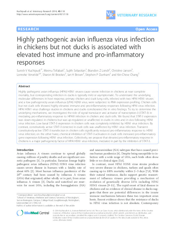 Highly pathogenic avian influenza virus infection in chickens but not ducks is associated with elevated host immune and pro-inflammatory responses Thumbnail