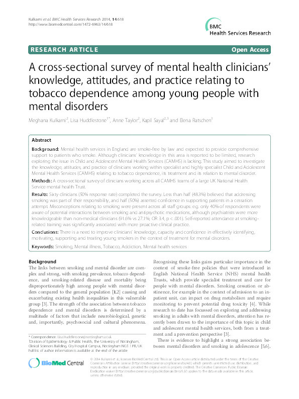 A cross-sectional survey of mental health clinicians’ knowledge, attitudes, and practice relating to tobacco dependence among young people with mental disorders Thumbnail