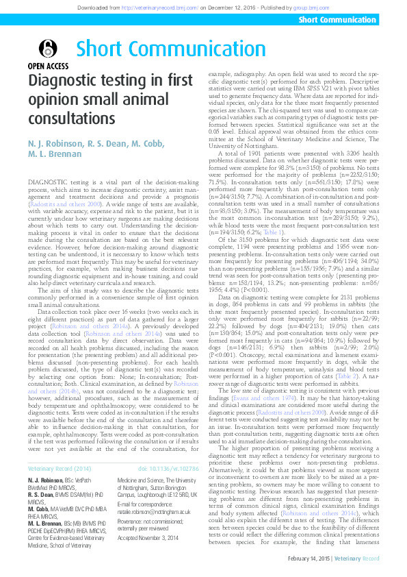 Diagnostic testing in first opinion small animal consultations Thumbnail