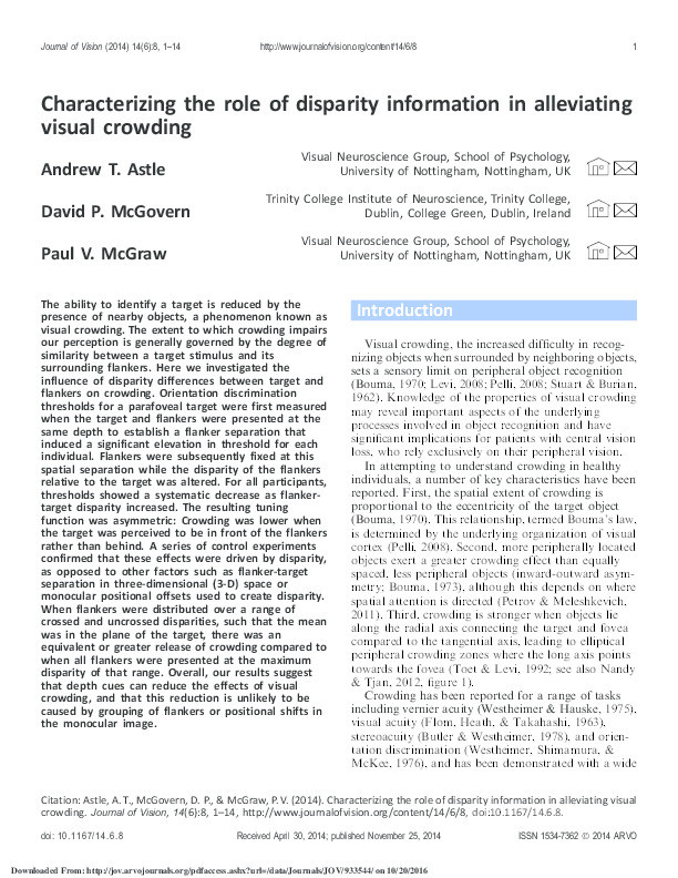 Characterizing the role of disparity information in alleviating visual crowding Thumbnail