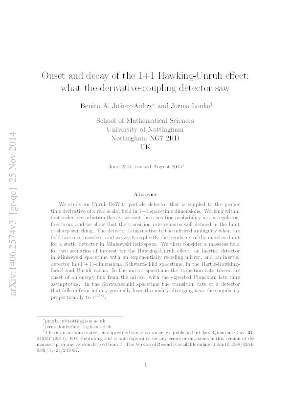 Onset and decay of the 1 + 1 Hawking–Unruh effect: what the derivative-coupling detector saw Thumbnail