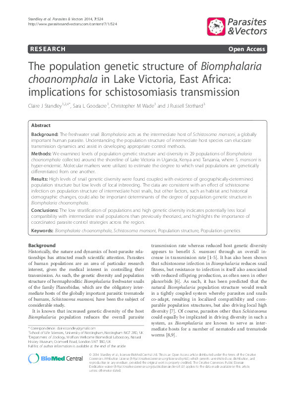 The population genetic structure of Biomphalaria choanomphala in Lake Victoria, East Africa: implications for schistosomiasis transmission Thumbnail