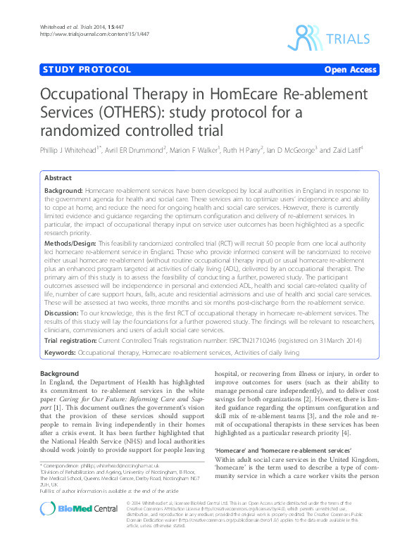 Occupational therapy in HomEcare Re-ablement Services (OTHERS): study protocol for a randomized controlled trial Thumbnail