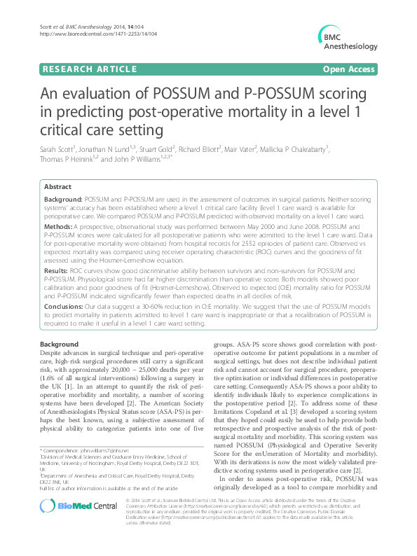 An evaluation of POSSUM and P-POSSUM scoring in predicting post-operative mortality in a level 1 critical care setting Thumbnail