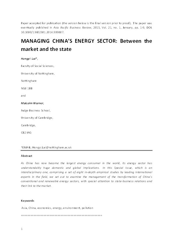 Managing China's energy sector: between the market and the state Thumbnail