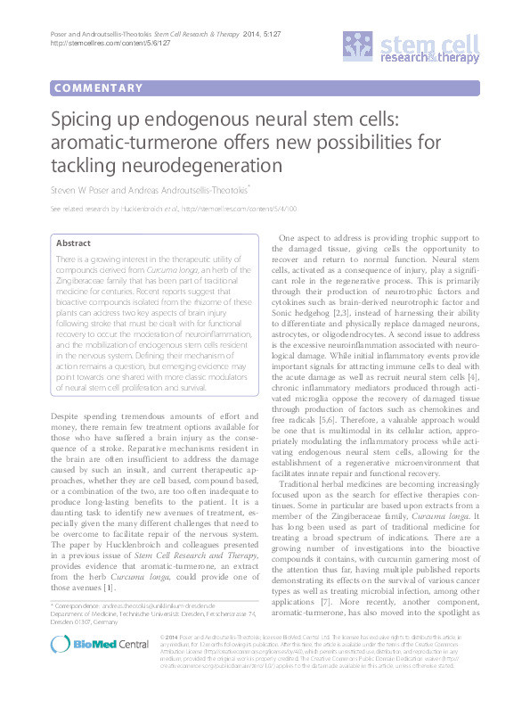 Spicing up endogenous neural stem cells: aromatic-turmerone offers new possibilities for tackling neurodegeneration Thumbnail