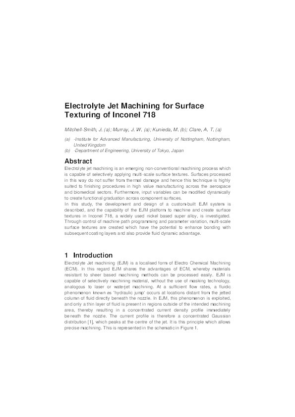 Electrolyte jet machining for surface texturing of Inconel 718 Thumbnail