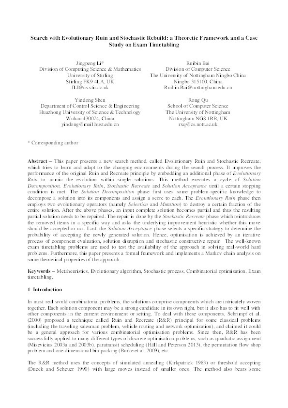 Search with evolutionary ruin and stochastic rebuild: a theoretic framework and a case study on exam timetabling Thumbnail