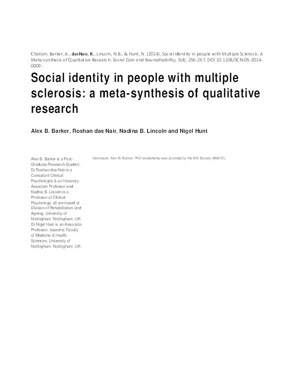 Social identity in people with multiple sclerosis: a meta-synthesis of qualitative research Thumbnail
