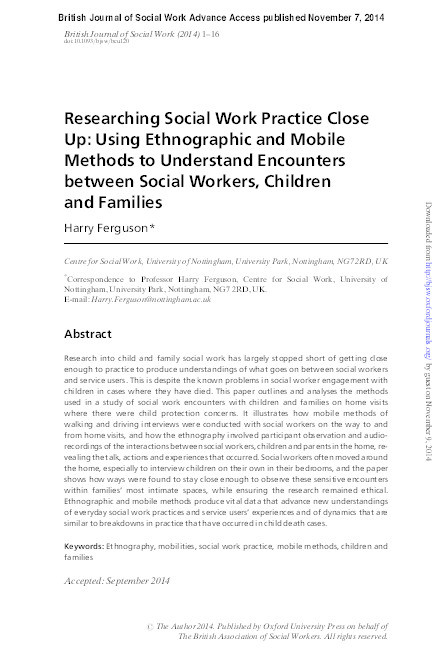 Researching social work practice close up: using ethnographic and mobile methods to understand encounters between social workers, children and families Thumbnail