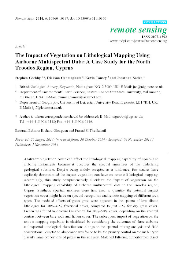 The impact of vegetation on lithological mapping using airborne multispectral data: a case study for the North Troodos Region, Cyprus Thumbnail