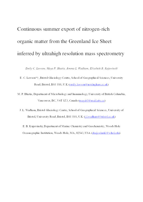 Continuous summer export of nitrogen-rich organic matter from the greenland ice sheet inferred by ultrahigh resolution mass spectrometry Thumbnail