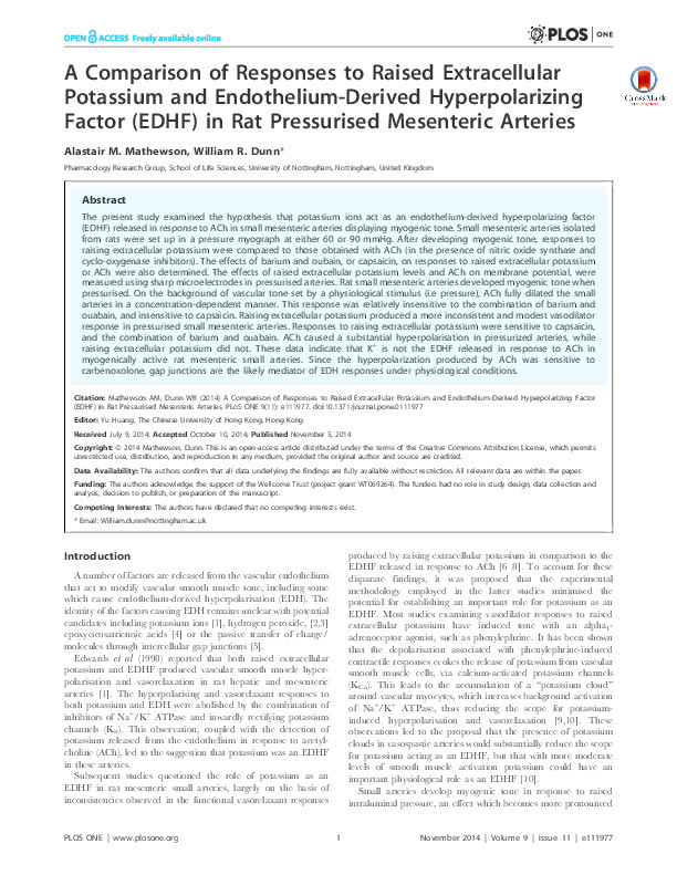A comparison of responses to raised extracellular potassium and endothelium-derived hyperpolarizing factor (EDHF) in rat pressurised mesenteric arteries Thumbnail