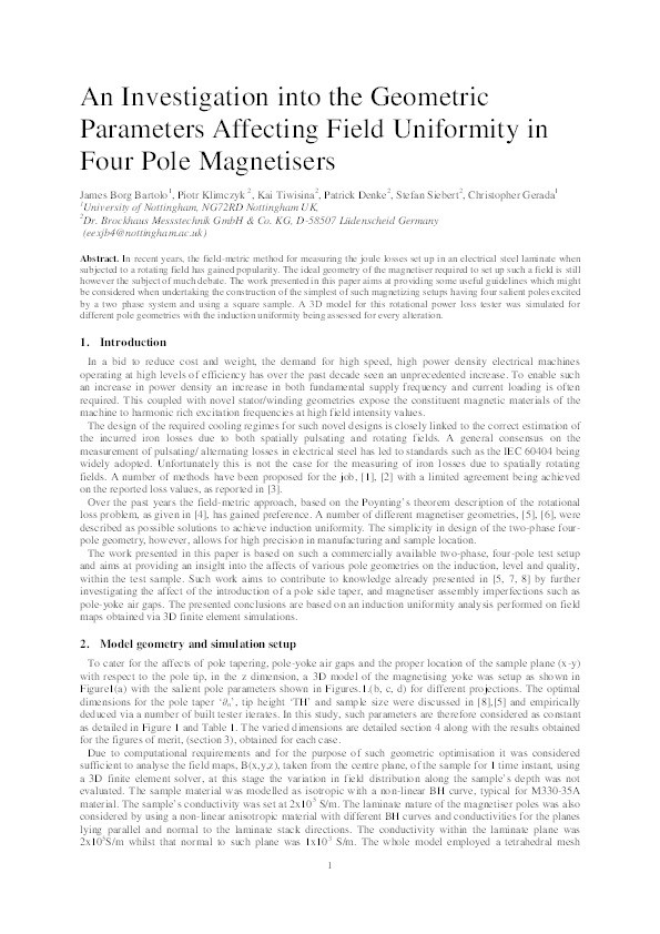 An investigation into the geometric parameters affecting field uniformity in four pole magnetisers Thumbnail