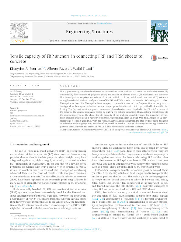 Tensile capacity of FRP anchors in connecting FRP and TRM sheets to concrete Thumbnail