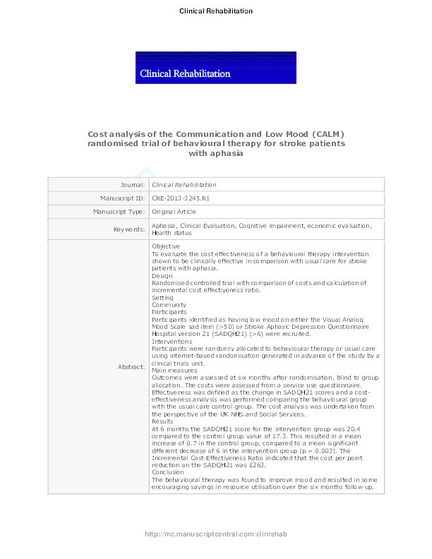 Cost analysis of the Communication and Low Mood (CALM) randomised trial of behavioural therapy for stroke patients with aphasia Thumbnail