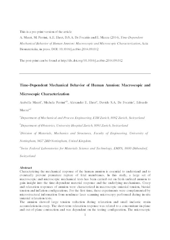 Time-dependent mechanical behavior of human amnion: Macroscopic and microscopic characterization Thumbnail