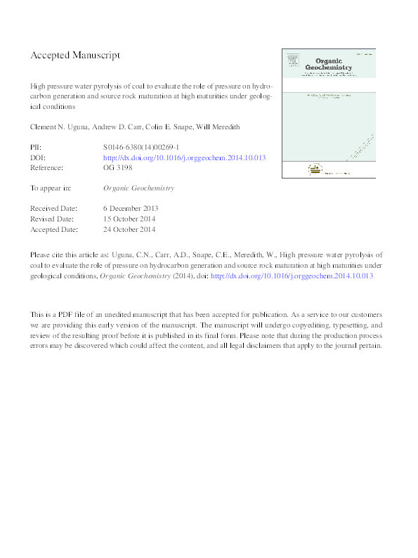 High pressure water pyrolysis of coal to evaluate the role of pressure on hydrocarbon generation and source rock maturation at high maturities under geological conditions Thumbnail