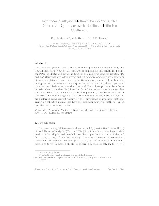 Nonlinear multigrid methods for second order differential operators with nonlinear diffusion coefficient Thumbnail